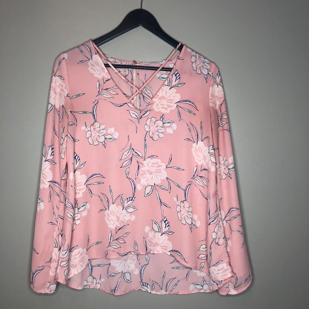 LUSH pink floral print blouse small flair sleeves